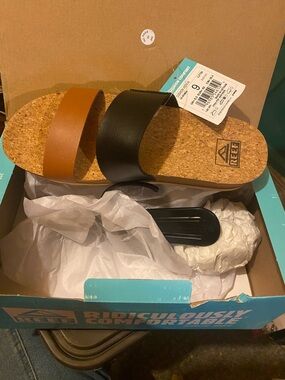 Reef Two-Band Slide Sandal in Black & Tan Cork Footbed
